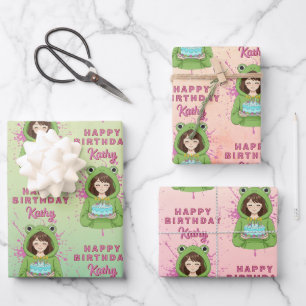 Personalized Kawaii Frog Hoodie Girl Birthday Wrapping Paper Sheets