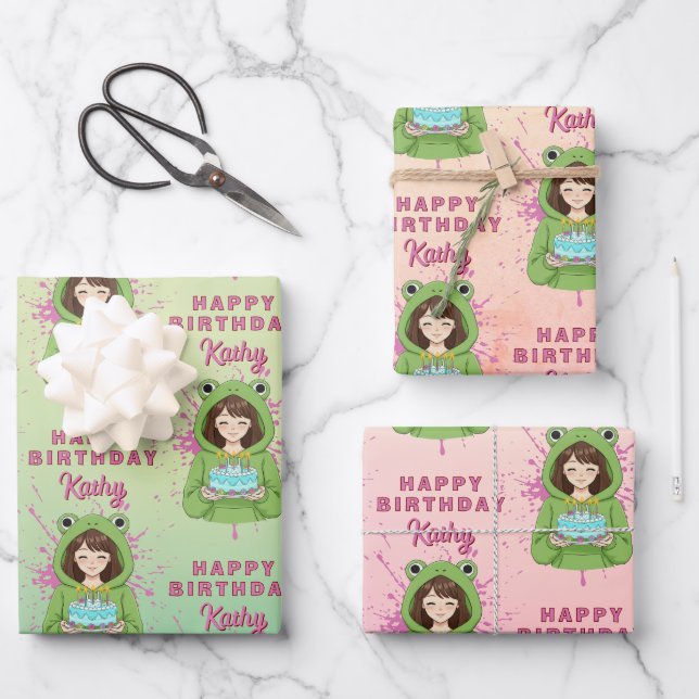 Personalized Kawaii Frog Hoodie Girl Birthday Wrapping Paper Sheets (Front)