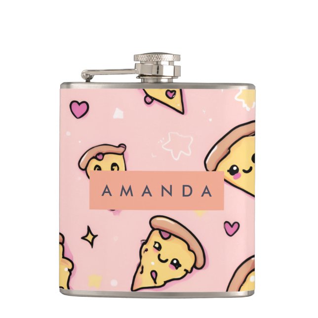 Personalized Kawaii Fun Pizza Slice Pattern Flask (Front)
