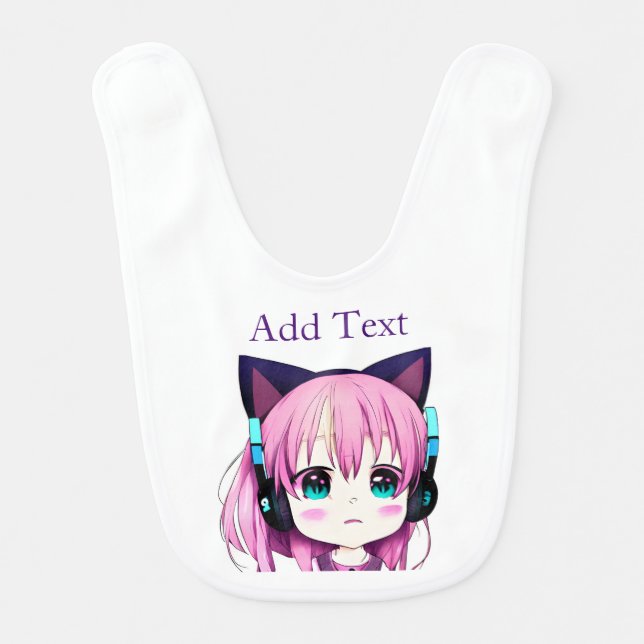 Personalized Kawaii Girl with Headphones on Baby Bib (Front)