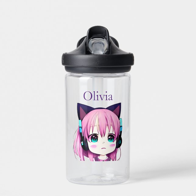Personalized Kawaii Girl with Headphones on Water Bottle (Front)