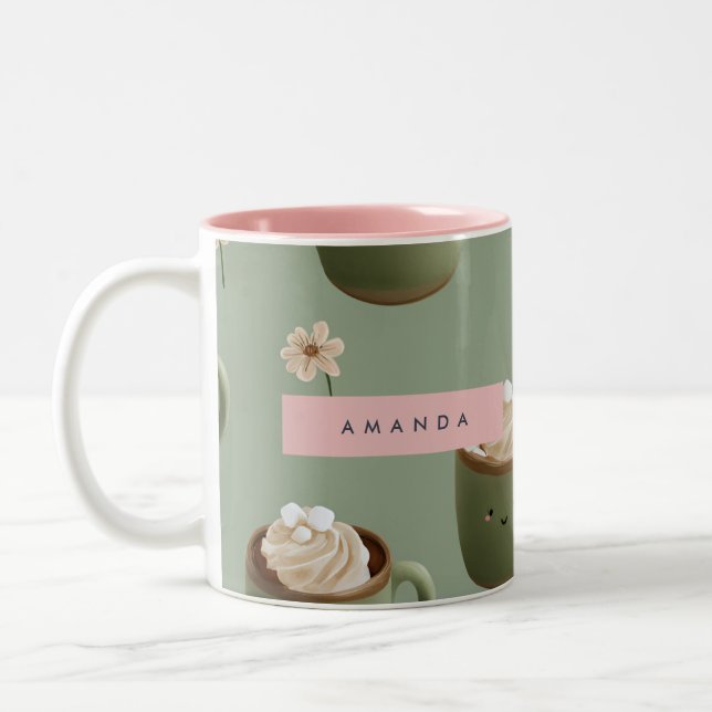 Personalized Kawaii Hot Cocoa Pattern Two-Tone Coffee Mug (Left)
