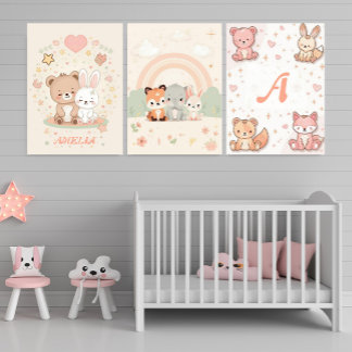 Personalized Kawaii Nursery Baby Name Poster Wall Art Sets