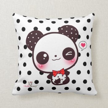 Personalized Kawaii Panda On Black Polka Dots Throw Pillow by Chibibunny at Zazzle