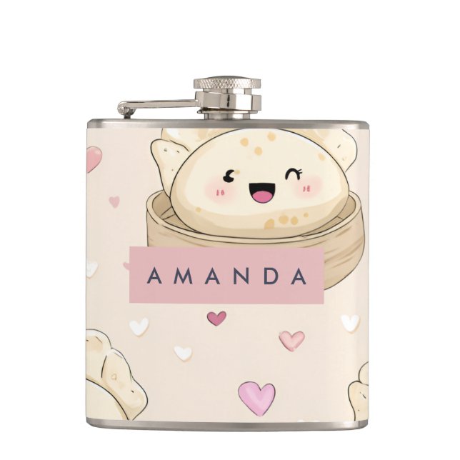 Personalized Kawaii Pastel Dumpling Pattern Flask (Front)