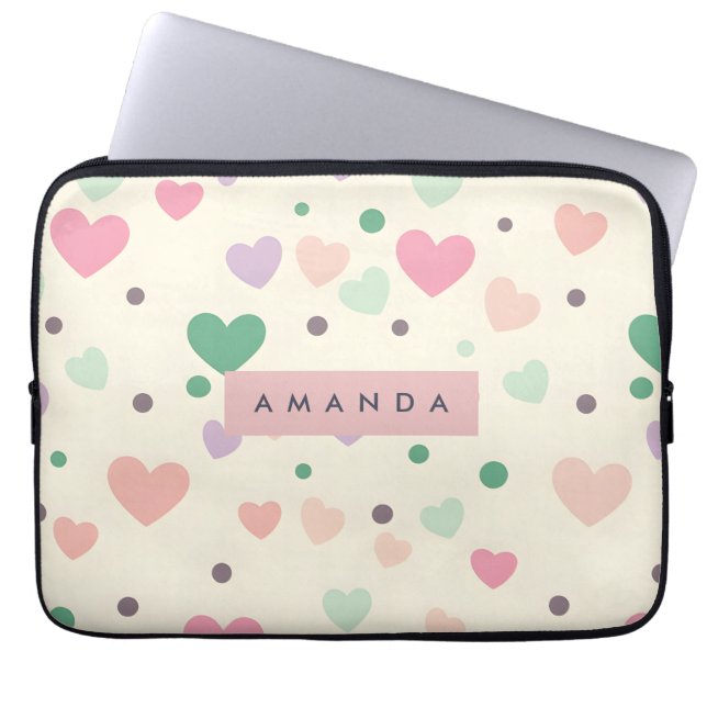 Personalized Kawaii Pastel Hearts & Dots Laptop Sleeve (Front)