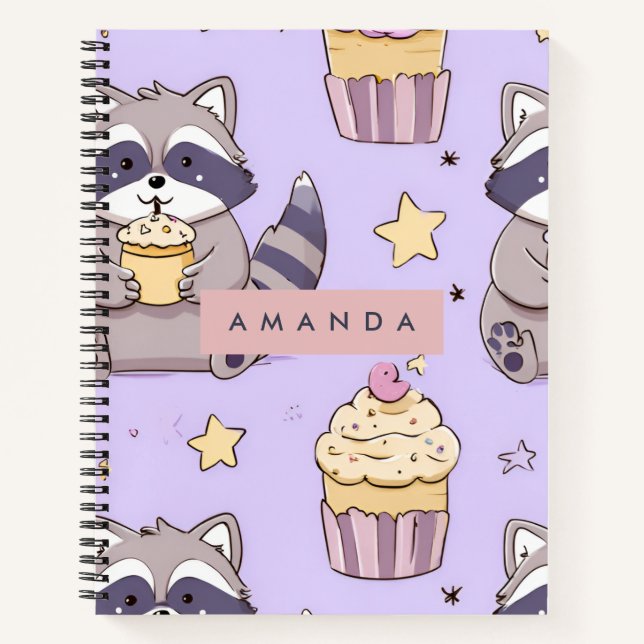 Personalized Kawaii Raccoons with Cupcakes Pattern Notebook (Front)