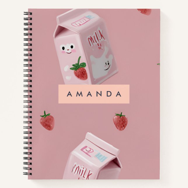 Personalized Kawaii Strawberry Milk Pattern Notebook (Front)