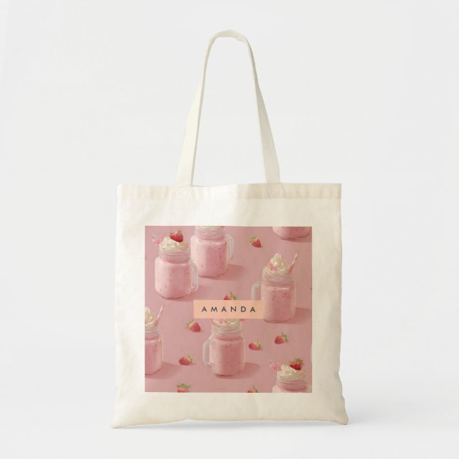 Personalized Kawaii Strawberry Milkshake Pattern Tote Bag (Front)