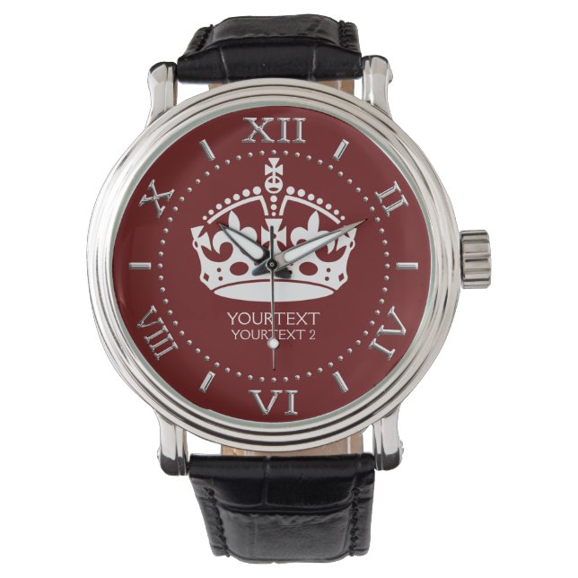 Personalized Keep Calm Crown Burgundy Red Accent Watch (Front)