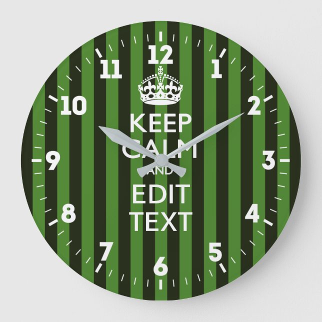 Personalized Keep Calm Get Your Text Green Stripes Large Clock (Front)