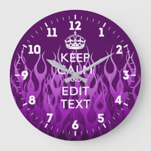 Personalized Keep Calm Get Your Text Purple Flames Large Clock