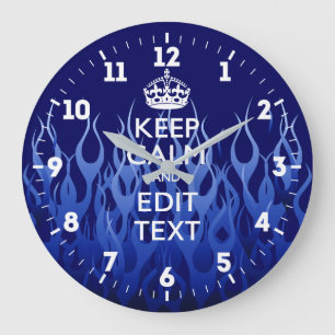 Personalized Keep Calm Have Your Text Blue Flames Large Clock