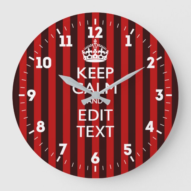 Personalized Keep Calm Have Your Text Red Stripes Large Clock (Front)