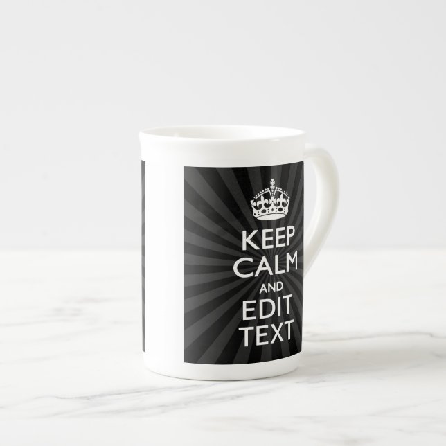 Personalized KEEP CALM Your Text Black Sunburst Bone China Mug (Front Right)