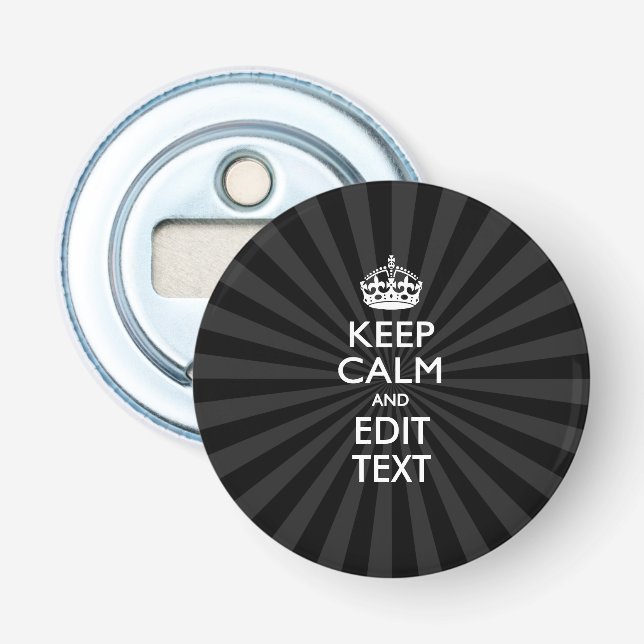 Personalized KEEP CALM Your Text Black Sunburst Bottle Opener (Front)