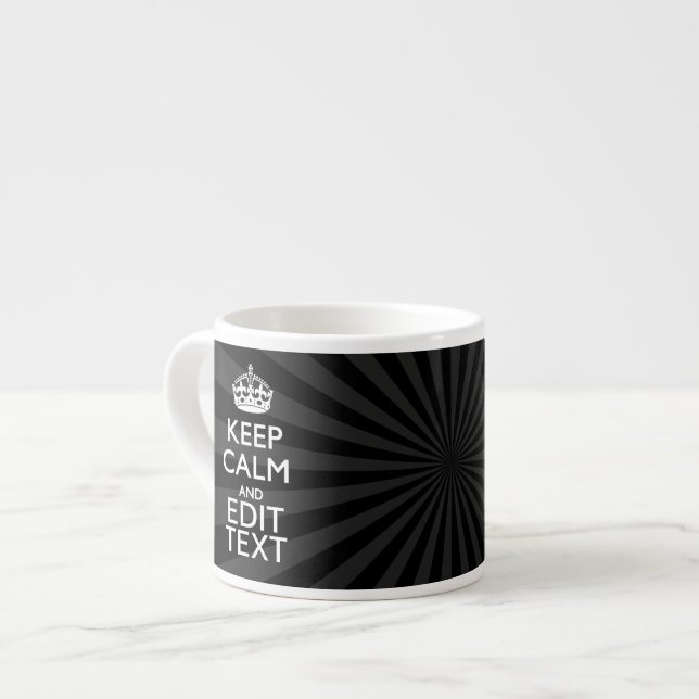 Personalized KEEP CALM Your Text Black Sunburst Espresso Cup (Front Left)