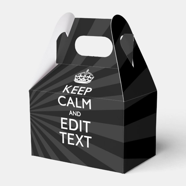 Personalized KEEP CALM Your Text Black Sunburst Favor Boxes (Front Side)