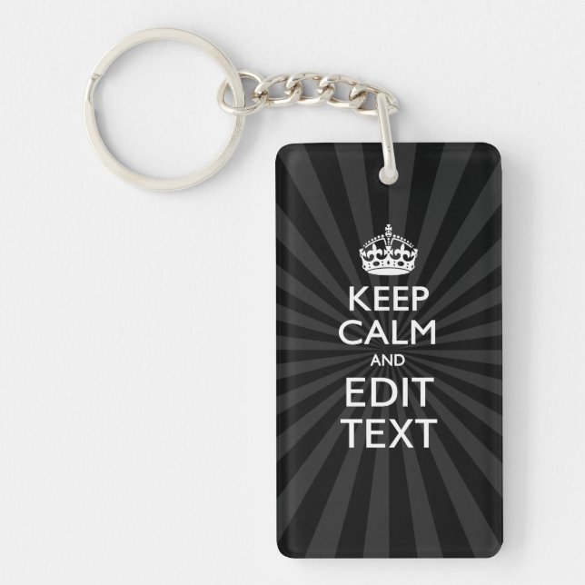 Personalized KEEP CALM Your Text Black Sunburst Keychain (Front)