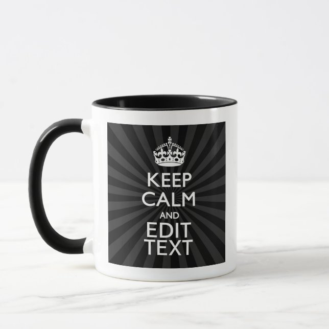 Personalized KEEP CALM Your Text Black Sunburst Mug (Left)