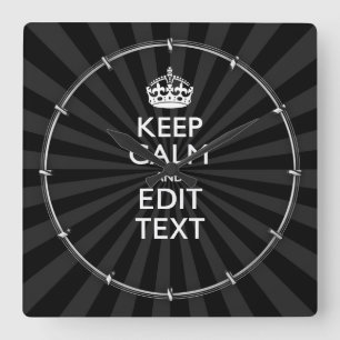 Personalized KEEP CALM Your Text Black Sunburst Square Wall Clock