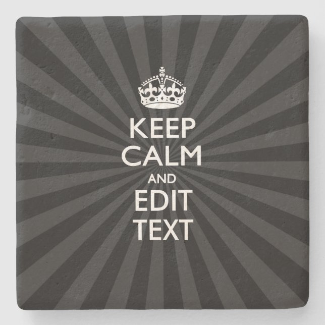 Personalized KEEP CALM Your Text Black Sunburst Stone Coaster (Front)