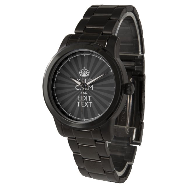 Personalized KEEP CALM Your Text Black Sunburst Watch (Angled)