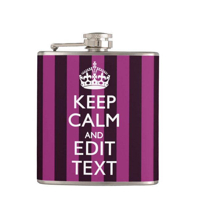 Personalized KEEP CALM Your Text Fuchsia Stripes Hip Flask (Front)