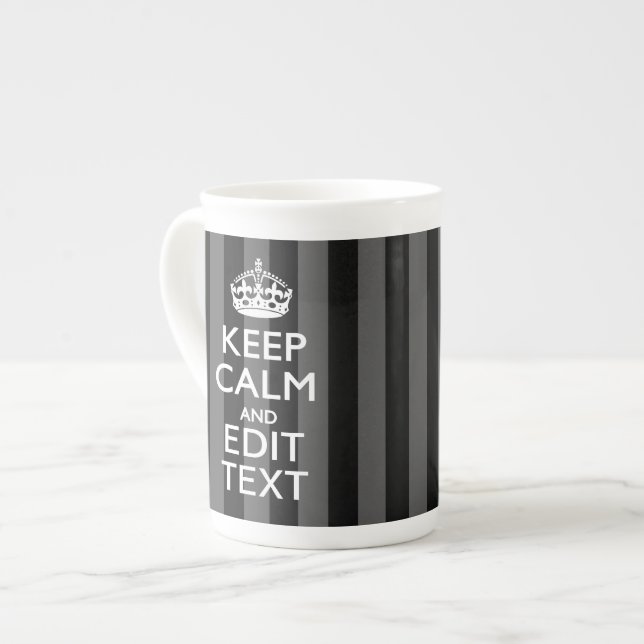 Personalized KEEP CALM Your Text on Black Stripes Bone China Mug (Front Left)
