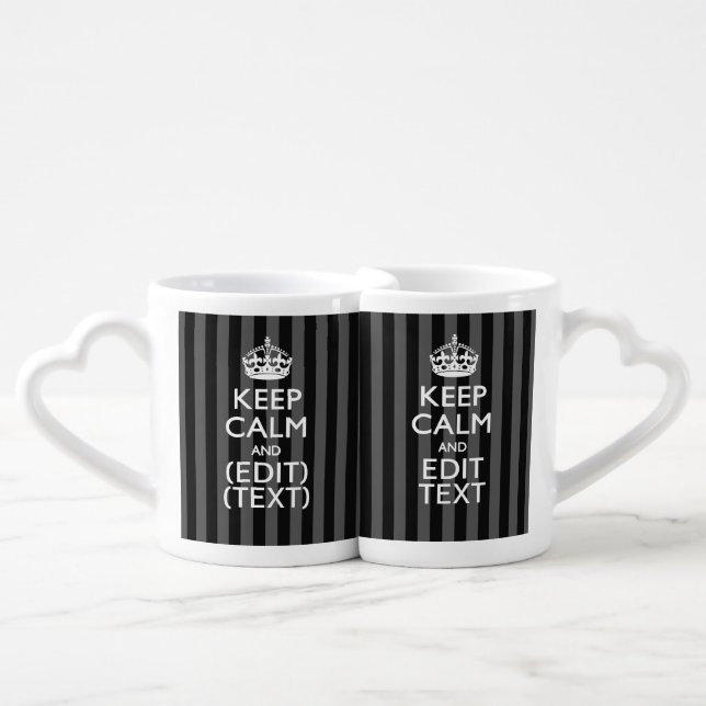 Personalized KEEP CALM Your Text on Black Stripes Coffee Mug Set (Front Nesting)