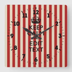 Personalized Keep Calm Your Text Popcorn Stripes Square Wall Clock