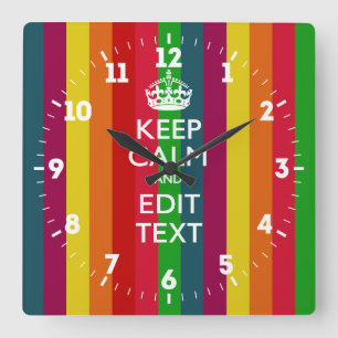 Personalized Keep Calm Your Text Rainbow Stripes Square Wall Clock