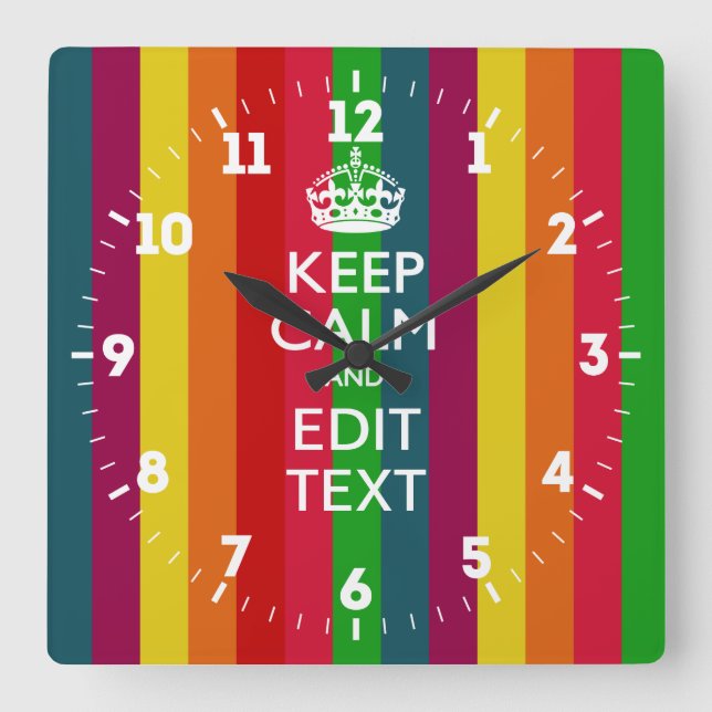 Personalized Keep Calm Your Text Rainbow Stripes Square Wall Clock (Front)