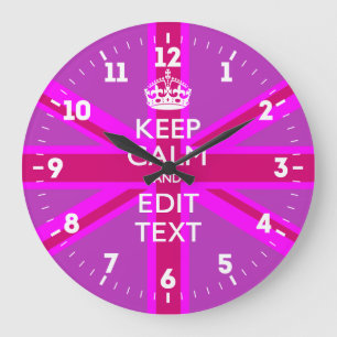 Personalized Keep Calm Your Text UK Flag Pink Large Clock