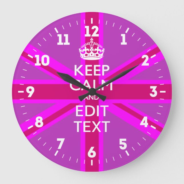 Personalized Keep Calm Your Text UK Flag Pink Large Clock (Front)