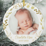 Personalized Keepsake Baby Christmas Photo Ceramic Ornament<br><div class="desc">Commemorate your baby's arrival with this unique keepsake photo ornament.
It is decorated with hand-painted gold foliage and berries. 
Easily customizable with your photo,  name,  and date.
Original Watercolor © Michele Davies.</div>