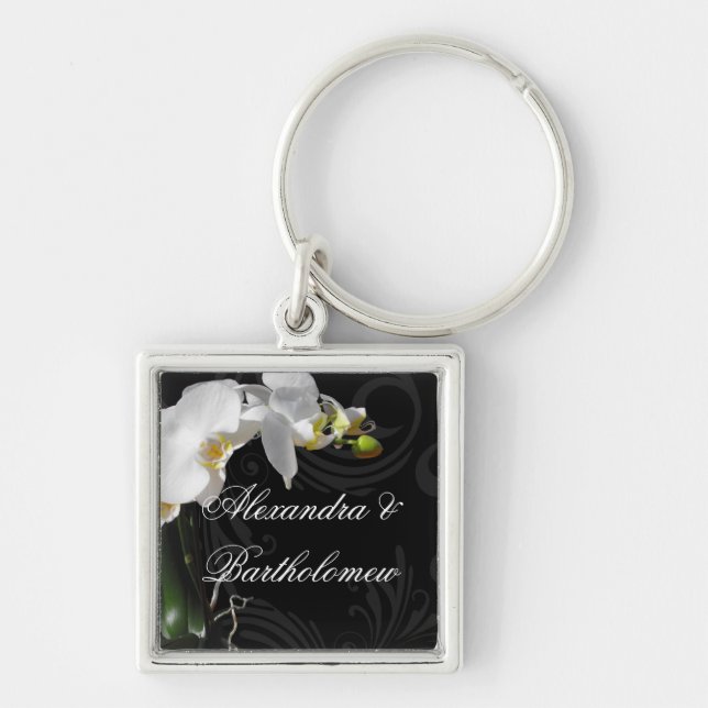 Personalized Keepsake Black & White Orchid Design Keychain (Front)