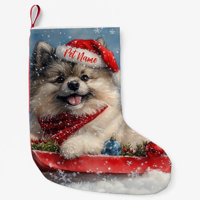 Personalized Keeshond Dog in Sledge Christmas Small Christmas Stocking (Front)