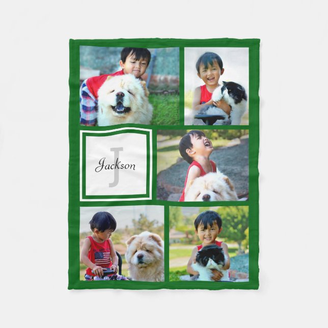 Personalized Kelly Green Photo Collage Monogrammed Fleece Blanket (Front)
