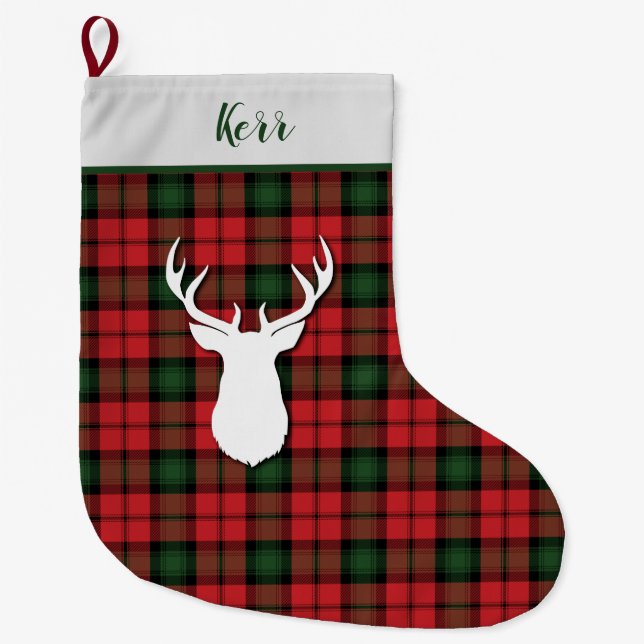 Personalized Kerr Tartan Green Red Plaid Large Christmas Stocking (Front)