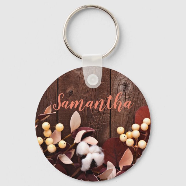 Personalized Key Chain Cotton Branch on Dark Wood (Front)