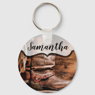 Personalized Key Chain Cowboy Boots Barn Wood Rust