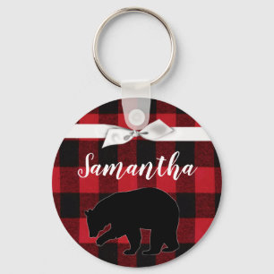 Personalized Key Chain Red Buffalo Plaid Bear Blac