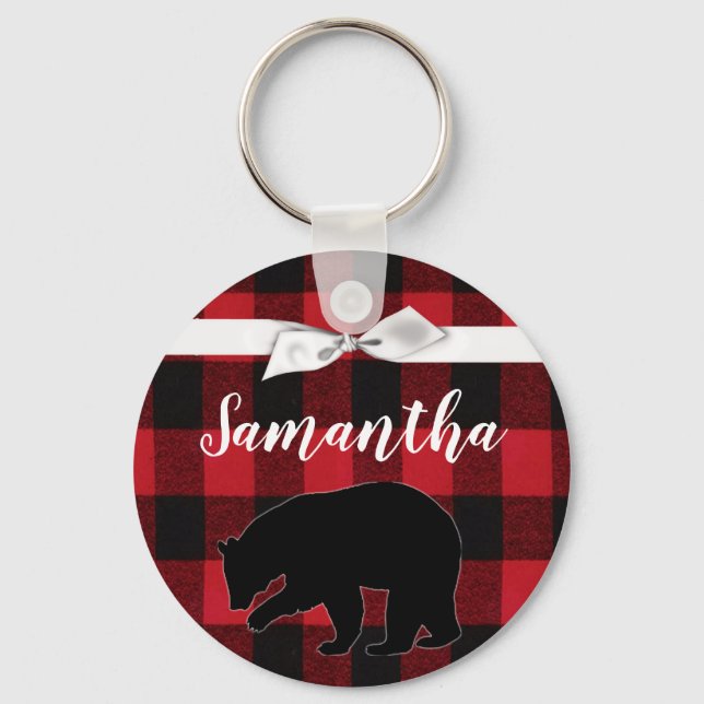 Personalized Key Chain Red Buffalo Plaid Bear Blac (Front)