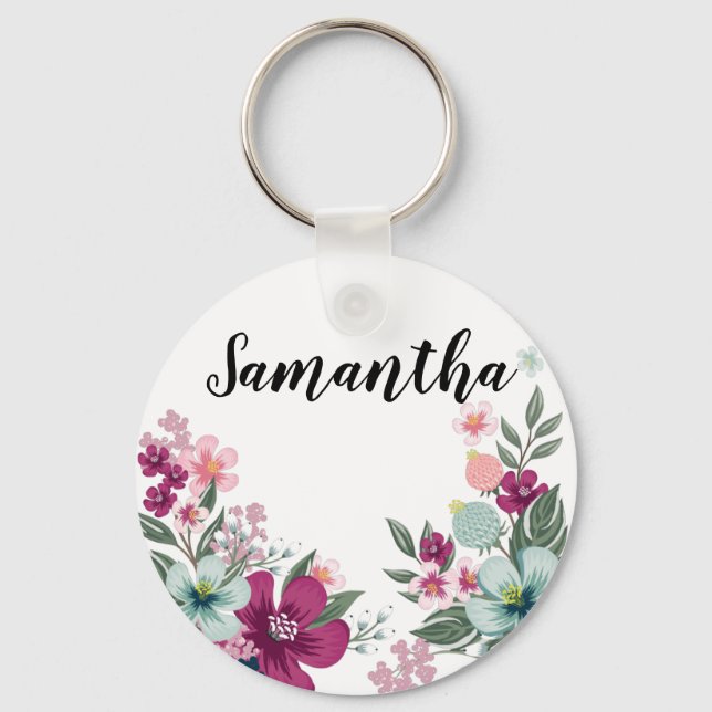 Personalized Key Chain Tropical Flowers on White (Front)