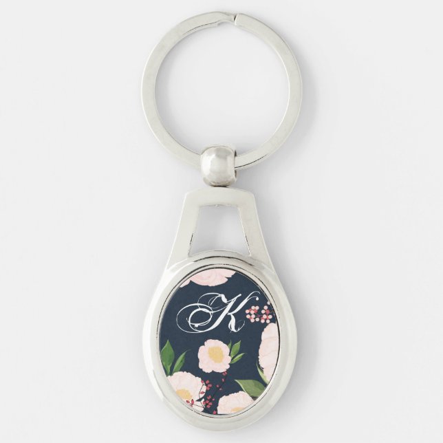 Personalized Key Chain White Floral Flowers on Dar (Front)