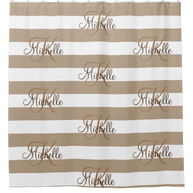 Personalized khaki beige striped shower curtains (Front)