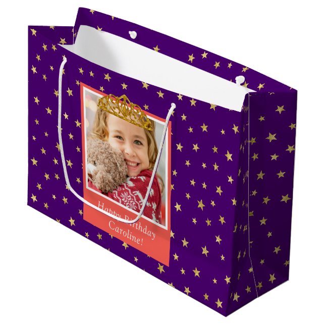 Personalized Kid Photo Happy Birthday Gold Crown Large Gift Bag (Front Angled)