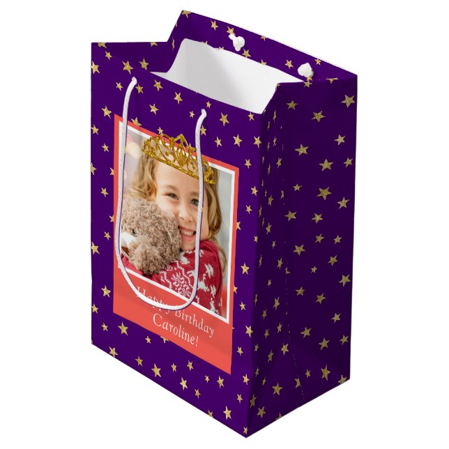 Personalized Kid Photo Happy Birthday Gold Crown Medium Gift Bag (Front Angled)