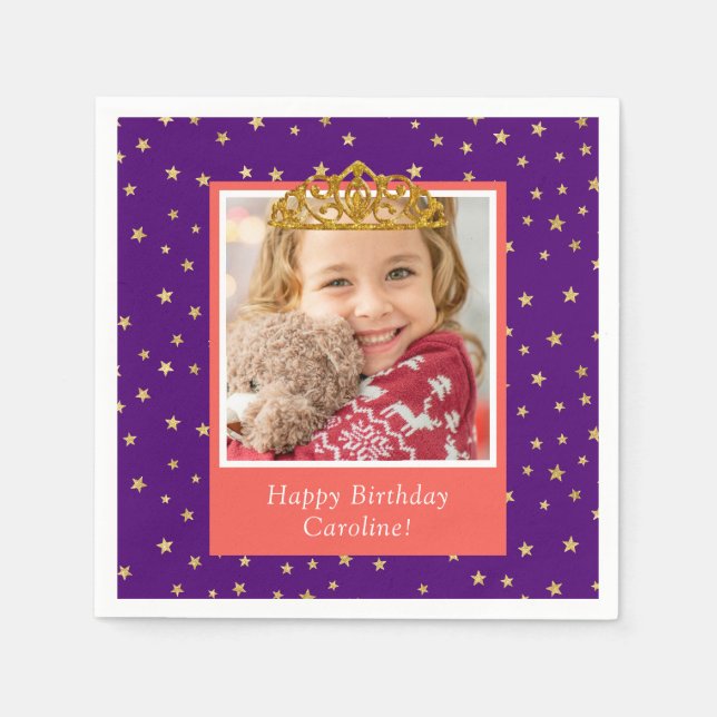 Personalized Kid Photo Happy Birthday Gold Crown Napkins (Front)